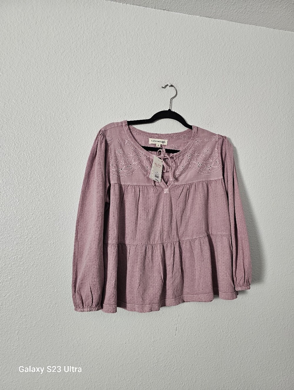 Lucky Brand Mauve Pink Embroidered Peasant Blouse Sz M